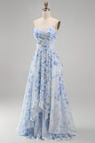 Blue A-Line Chiffon Floral Ruffled Long Mother Of the Bride Dress