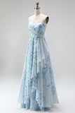 Blue A-Line Chiffon Floral Ruffled Long Mother Of the Bride Dress