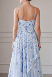 Blue A-Line Chiffon Floral Ruffled Long Mother Of the Bride Dress