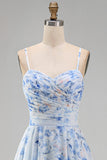 Blue A-Line Chiffon Floral Ruffled Long Mother Of the Bride Dress