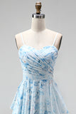 Blue A-Line Chiffon Floral Ruffled Long Mother Of the Bride Dress