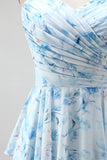 Blue A-Line Chiffon Floral Ruffled Long Mother Of the Bride Dress
