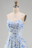 Blue A-Line Chiffon Floral Ruffled Long Mother Of the Bride Dress