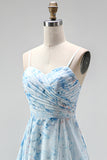 Blue A-Line Chiffon Floral Ruffled Long Mother Of the Bride Dress