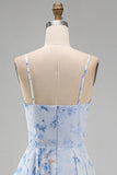 Blue A-Line Chiffon Floral Ruffled Long Mother Of the Bride Dress