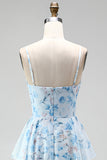 Blue A-Line Chiffon Floral Ruffled Long Mother Of the Bride Dress