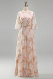 Champagne Floral Sheath Ruffled Long Mother of the Bride Dress with Half Sleeves