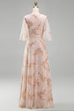Champagne Floral Sheath Ruffled Long Mother of the Bride Dress with Half Sleeves