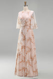 Champagne Floral Sheath Ruffled Long Mother of the Bride Dress with Half Sleeves