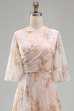 Champagne Floral Sheath Ruffled Long Mother of the Bride Dress with Half Sleeves