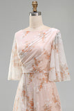 Champagne Floral Sheath Ruffled Long Mother of the Bride Dress with Half Sleeves