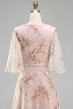 Champagne Floral Sheath Ruffled Long Mother of the Bride Dress with Half Sleeves