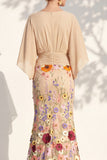 Mermaid Champagne Floral V-Neck Long Mother Of the Bride Dress with Cape Sleeves