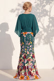 Mermaid Champagne Floral V-Neck Long Mother Of the Bride Dress with Cape Sleeves