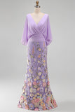 Champagne Mermaid Floral V-Neck Long Mother Of the Bride Dress with 3/4 Sleeves