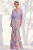 Mermaid Champagne Floral V-Neck Long Mother Of the Bride Dress with Cape Sleeves