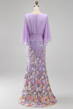 Champagne Mermaid Floral V-Neck Long Mother Of the Bride Dress with 3/4 Sleeves