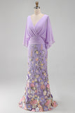 Champagne Mermaid Floral V-Neck Long Mother Of the Bride Dress with 3/4 Sleeves