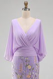 Champagne Mermaid Floral V-Neck Long Mother Of the Bride Dress with 3/4 Sleeves