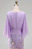 Champagne Mermaid Floral V-Neck Long Mother Of the Bride Dress with 3/4 Sleeves