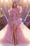 Grey Purple One Shoulder Beaded Sequins Ruffled Long Red Carpet Dress with Slit