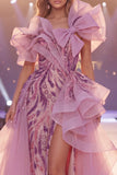 Grey Purple One Shoulder Beaded Sequins Ruffled Long Red Carpet Dress with Slit