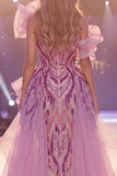 Grey Purple One Shoulder Beaded Sequins Ruffled Long Red Carpet Dress with Slit
