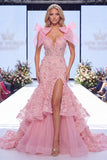 Pink Mermaid Ruffled 3D Flowers Bowed Long Red Carpet Dress with Slit
