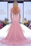 Pink Mermaid Ruffled 3D Flowers Bowed Long Red Carpet Dress with Slit