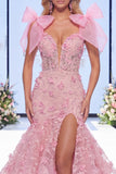 Pink Mermaid Ruffled 3D Flowers Bowed Long Red Carpet Dress with Slit