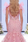 Pink Mermaid Ruffled 3D Flowers Bowed Long Red Carpet Dress with Slit