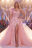 Pink Mermaid One Shoulder Sheer Corset Floral Long Red Carpet Dress with Slit