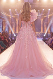 Pink Mermaid One Shoulder Sheer Corset Floral Long Red Carpet Dress with Slit