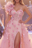 Pink Mermaid One Shoulder Sheer Corset Floral Long Red Carpet Dress with Slit