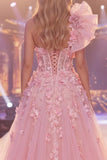 Pink Mermaid One Shoulder Sheer Corset Floral Long Red Carpet Dress with Slit