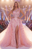 Pink Mermaid One Shoulder Sheer Corset 3D Flowers Long Red Carpet Dress with Slit