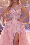Pink Mermaid One Shoulder Sheer Corset 3D Flowers Long Red Carpet Dress with Slit