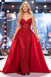 Mermaid Red Sweetheart Corset Sequin Long Red Carpet Dress with Sash