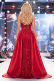 Mermaid Red Sweetheart Corset Sequin Long Red Carpet Dress with Sash