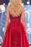 Mermaid Red Sweetheart Corset Sequin Long Red Carpet Dress with Sash