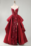 Red Mermaid Corset Sweetheart Sequin Long Gala Dress with Slit