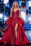 Red Mermaid Corset Sweetheart Sequin Long Gala Dress with Slit