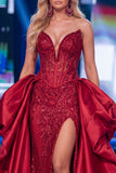 Red Mermaid Corset Sweetheart Sequin Long Gala Dress with Slit