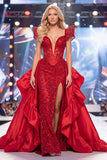 Red Mermaid Sequins Corset Long Red Carpet Dress with Slit