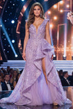 Sparkly Lilac Ruffled V-Neck Sequin Long Red Carpet Dress with Slit