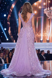 Sparkly Lilac Ruffled V-Neck Sequin Long Red Carpet Dress with Slit