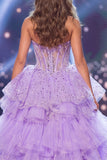 Sparkly Lilac Sweetheart Sheer Corset Sequin Long Gala Dress with Slit