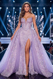 Lilac Sweetheart Corset Lace Up Back Long Red Carpet Dress with Slit