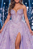 Lilac Sweetheart Corset Lace Up Back Long Red Carpet Dress with Slit