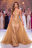 Sparkly Golden Halter Mermaid Sequin Long Gala Dress with Cape